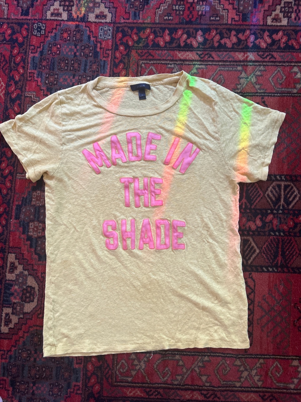 J. Crew Yellow 100% Linen Tee with Pink 'Made In The Shade' Applique